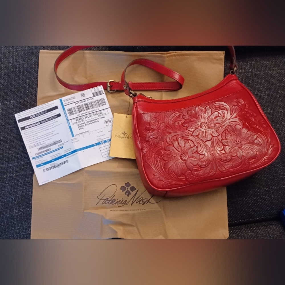Hand Tooled Leather -Patricia Nash- Berry Red, Braydon Hobo Crossbody